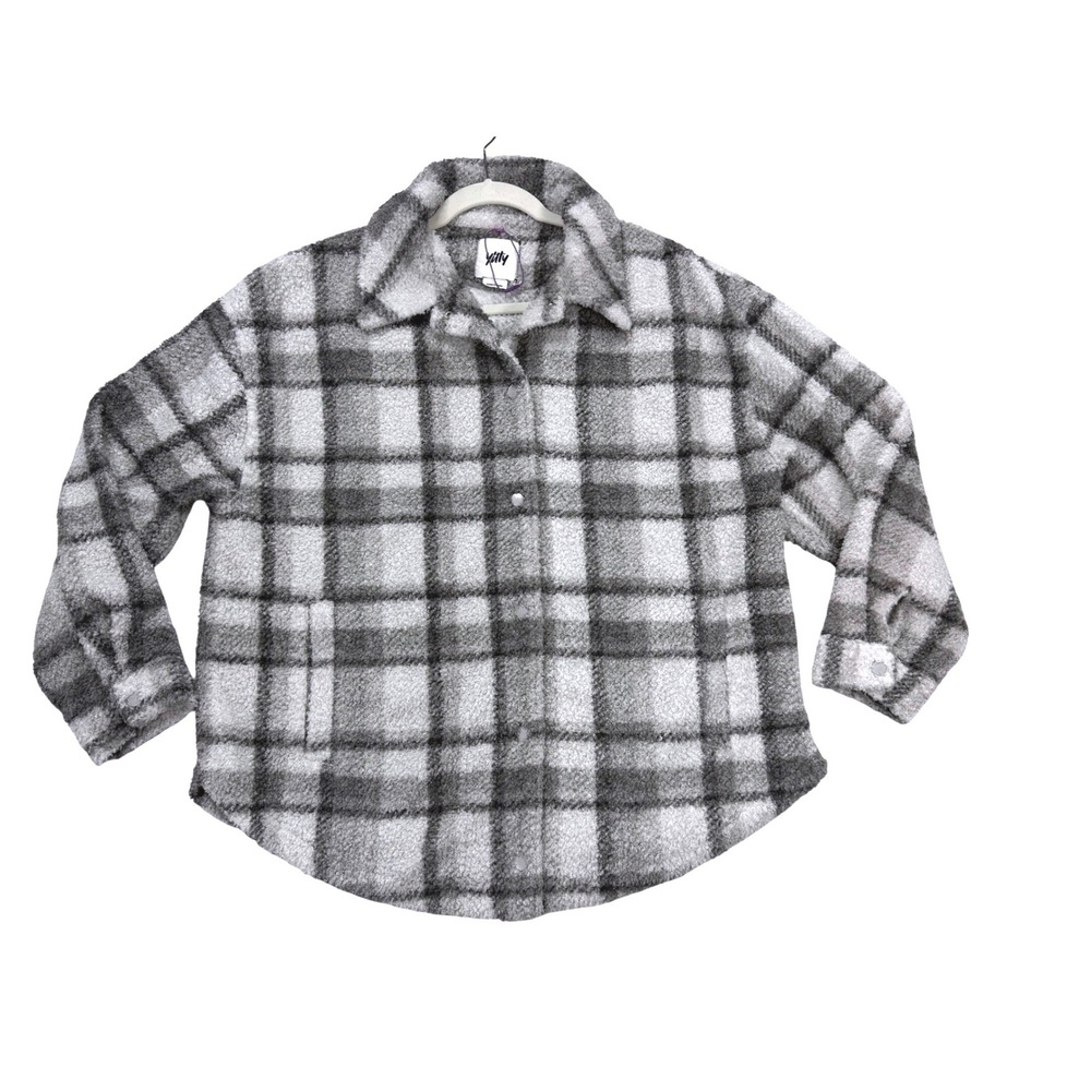 Yitty Plaid Shacket Womens L Grey Excellent Faux Shearling Fleece Button Front